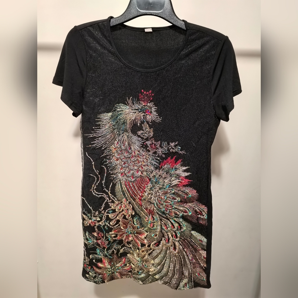 Black Embroidered Phoenix Sequin Tunic Dress